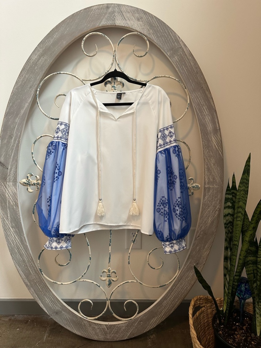 White Peasant Blouse with Blue Embroidered Sheer Sleeves